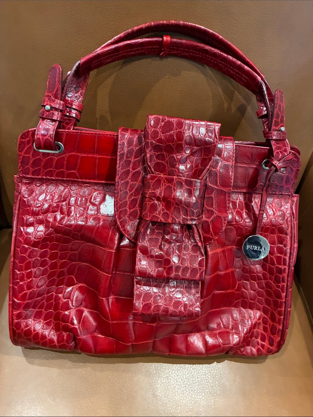 Furla Red Croc-Embossed Bow Leather Satchel